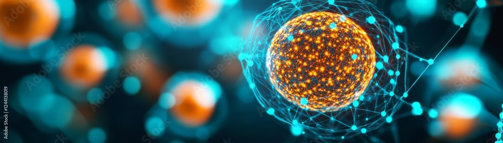 Cell membranes glowing in vibrant orange and teal, abstract fluorescence microscopy Cell membranes glowing in vibrant orange and teal, abstract fluorescence microscopy