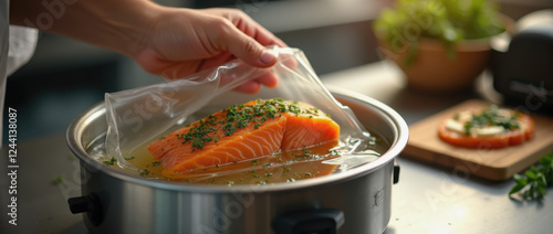 A chef prepares fresh salmon fillets by placing them in a sous vide water bath with herbs. The kitchen is bright and organized, with fresh ingredients on display