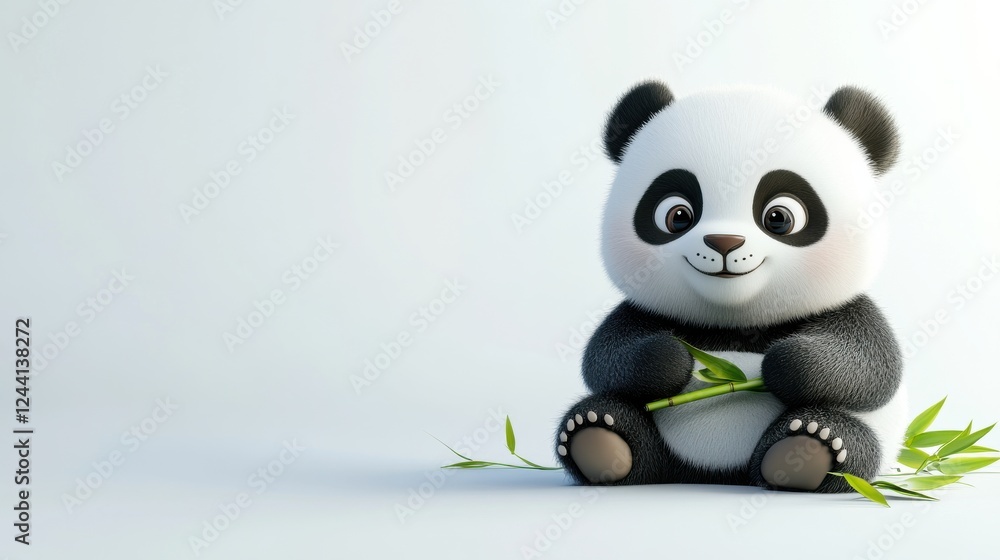 Fototapeta premium Cute Cartoon Panda Holding Bamboo on Light Background in Studio