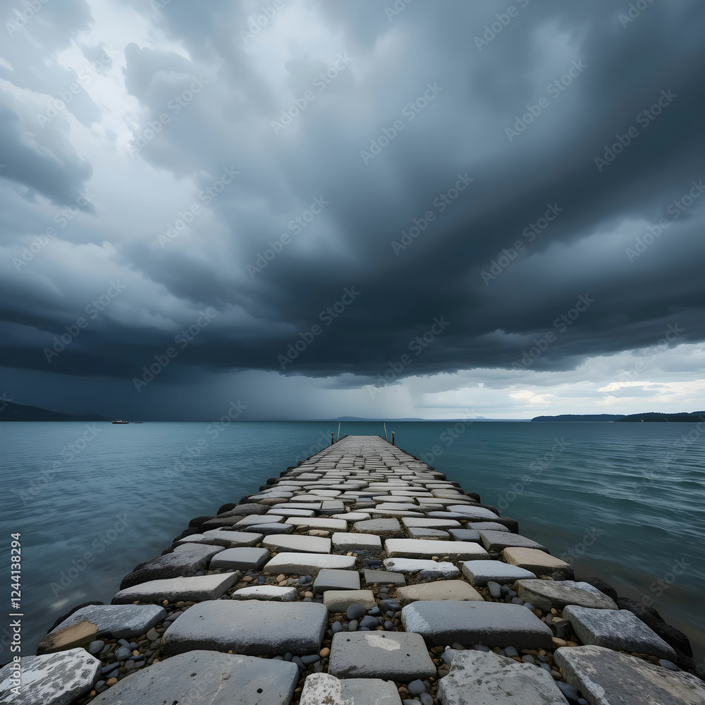 Breakwater with cloudy stormy sky above lake Breakwater with cloudy stormy sky above lake