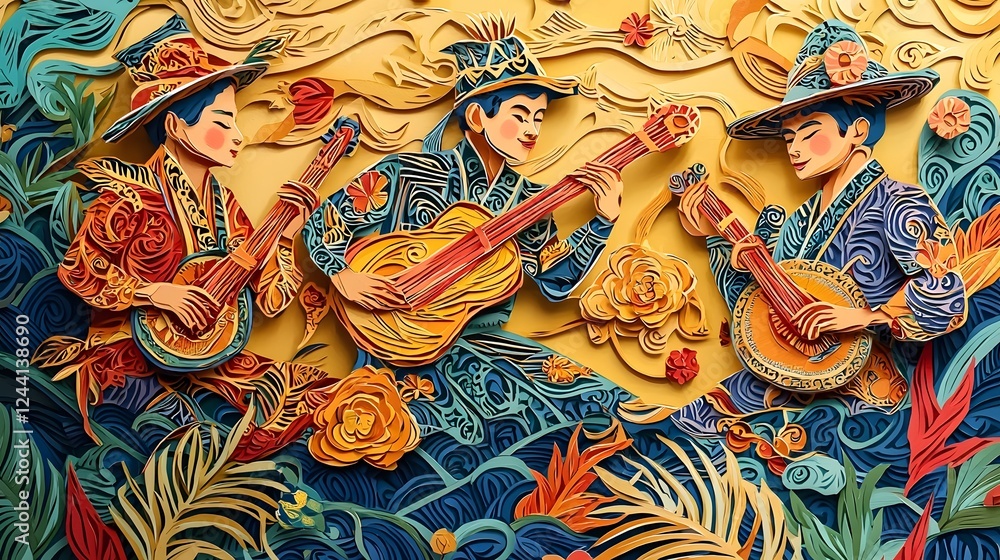 Vibrant Songkran paper cut design depicting traditional Thai musicians performing with musical instruments at a colorful and festive parade Vibrant Songkran paper cut design depicting traditional Thai musicians performing with musical instruments at a colorful and festive parade