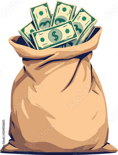Vsai burlap sack overflowing with us dollar bills representing wealth and savings