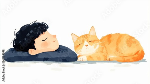 Wallpaper Mural A peaceful moment of a child sleeping beside a cozy cat. Torontodigital.ca