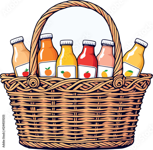 Vsai wicker basket holding colorful fruit juice bottles