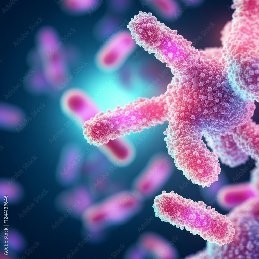Fluorescent bacterial colonies forming intricate glowing biofilm under UV light, intense microbiology focus Fluorescent bacterial colonies forming intricate glowing biofilm under UV light, intense microbiology focus