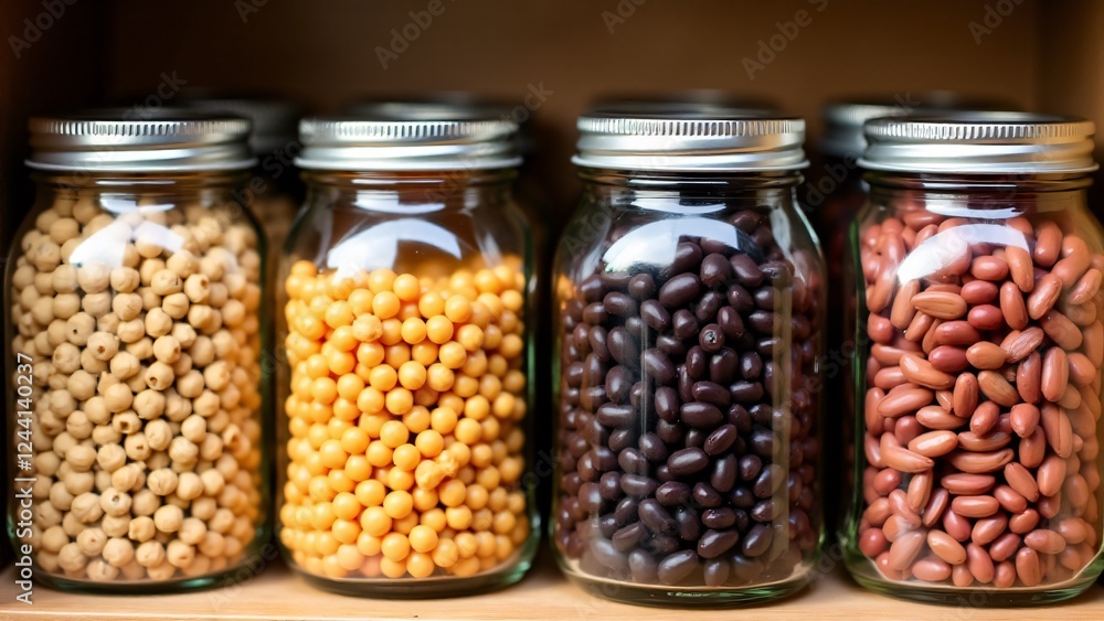 A selection of glass jars filled with different types of legumes emphasizes the importance of plant-based proteins in a balanced diet, offering fiber, protein, and essential vitamins for healthy meals A selection of glass jars filled with different types of legumes emphasizes the importance of plant-based proteins in a balanced diet, offering fiber, protein, and essential vitamins for healthy meals