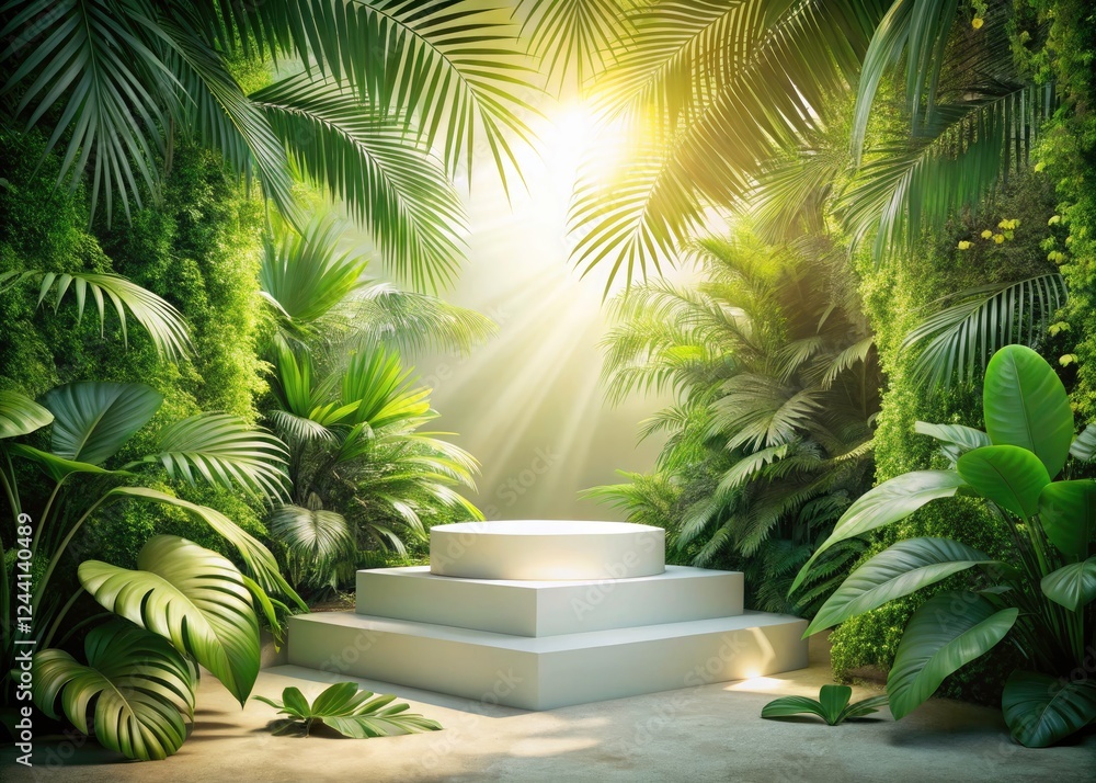 Fototapeta premium White stage, vibrant tropical foliage, vintage photo style â€“ ideal summer product showcase.