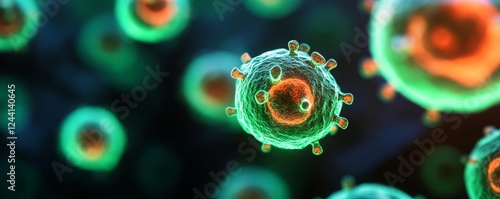 Fluorescent interpretation of parasitic cells glowing in green and orange, dark background, high-detail