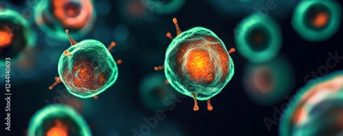 Fluorescent interpretation of parasitic cells glowing in green and orange, dark background, high-detail