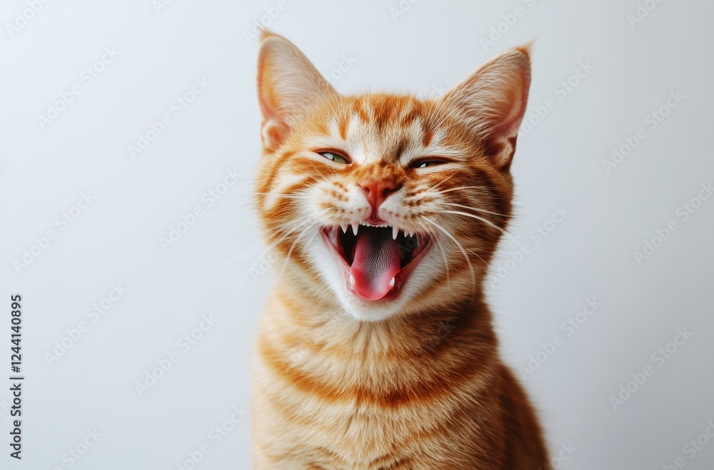 Obraz premium Happy Orange Cat with Open Mouth Showing Teeth in Playful Expression Against Light Gray Background