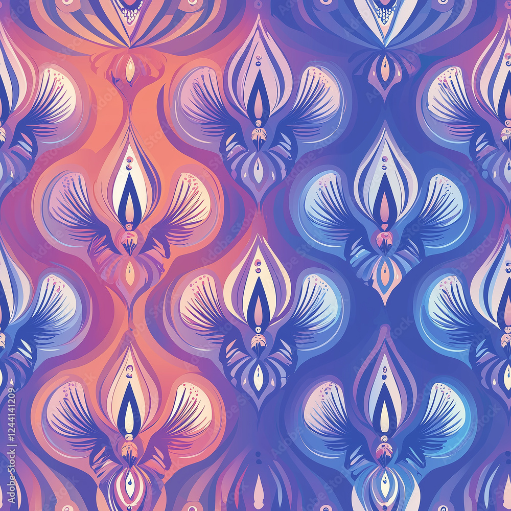 A vibrant, symmetrical floral pattern in shades of blue and purple, creating a visually striking and artistic design. A vibrant, symmetrical floral pattern in shades of blue and purple, creating a visually striking and artistic design.
