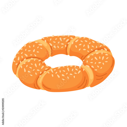 Turkish simit in cartoon. Traditional Turkey bagel with sesame. Oriental bakery, fresh pastry, baked goods with seeds sprinkles for cafe breakfast menu. Isolated on a white background.