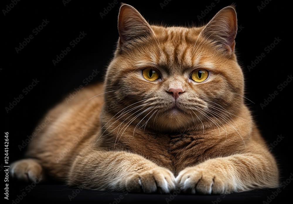 Fototapeta premium Majestic close-up of a confident ginger domestic cat with expressive golden eyes, lying serenely against a black background, showcasing its soft fur and charm