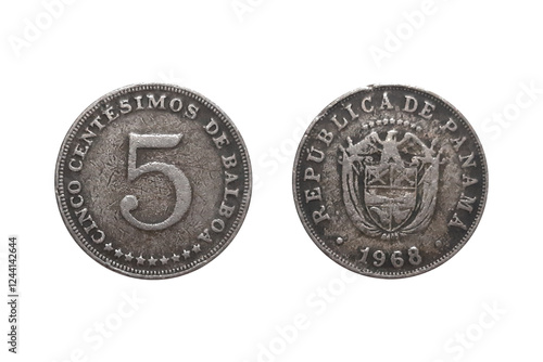 5 Centésimos 1968 coin. Coin of Panama. Coin 5 centesimos 1968 Obverse and Reverse on white background. The arms of Panama with nine stars above symbolizing the nine provinces of the country at the ti photo