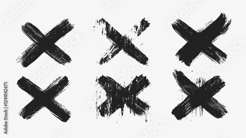 Strokes of black paint x crosses, brush, roller, spatula. Collection of brushes Smears of paint cross stroke isolated on a white background for your design