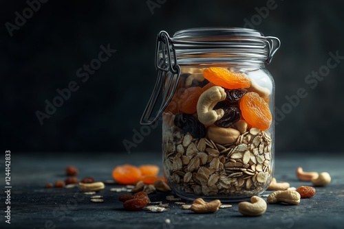 A jar of muesli nuts and dried fruits sits beautifully, perfect for energizing jar breakfasts. Ideal for health-conscious snackers and meal prep lovers. photo