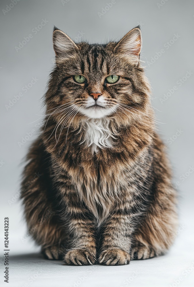 Obraz premium Majestic furry Maine Coon cat sitting proudly with striking green eyes on a soft gray background, showcasing its beautiful fur and strong features