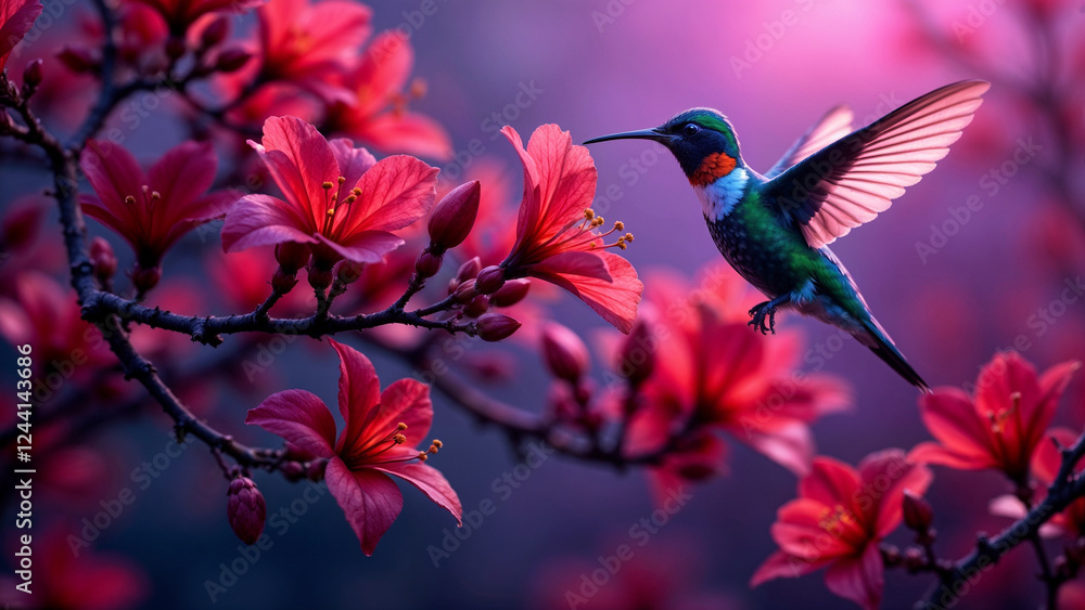 Naklejka premium A hummingbird hovers near bright pink flowers