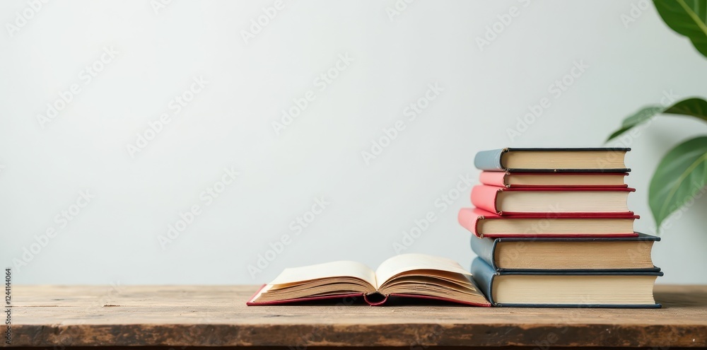 Several stacks of books on rustic wooden table, blank whiteboard backdrop, literature, wood