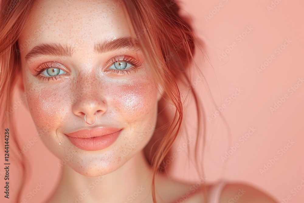 Redhead young woman with freckles and dewy skin smiling on pink background, natural beauty portrait with glowing blush makeup and soft expression for skincare advertising
Redhead young woman with freckles and dewy skin smiling on pink background, natural beauty portrait with glowing blush makeup and soft expression for skincare advertising