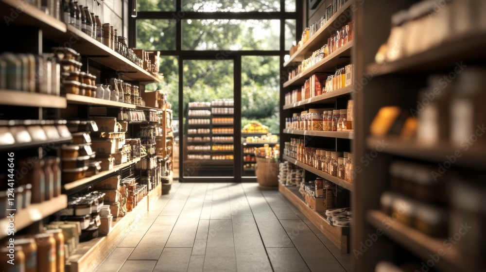 Sunny gourmet food store aisle, jars, shelves Sunny gourmet food store aisle, jars, shelves
