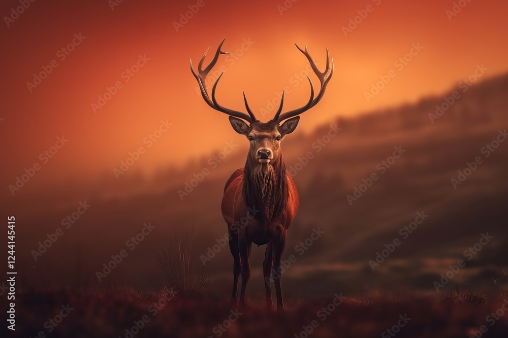 Fototapeta premium Majestic red deer stag with large antlers in dramatic orange sunset light. Wildlife nature photograph for Christmas, hunting season, conservation awareness, animal protection and winter solstice