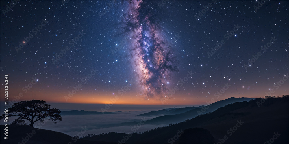 Obraz premium A stunning night sky featuring the vibrant Milky Way stretching above a serene mountain range with a lone tree silhouetted against the horizon at dusk.