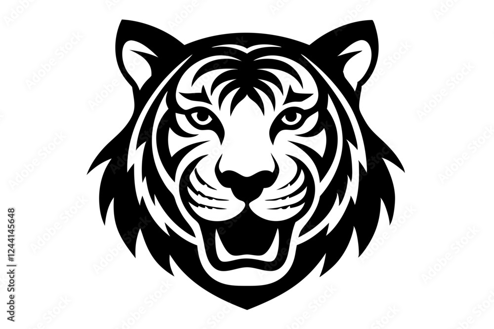 Fototapeta premium Vector illustration of a tiger head silhouette in black, featuring tribal design elements, capturing the wild power and fierce nature of the feline