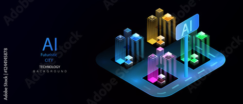 Ai smart city technology background. Future urban architecture neon light buildings vector. Cityscape concept. Digital futuristic intelligence high tech city design banner.