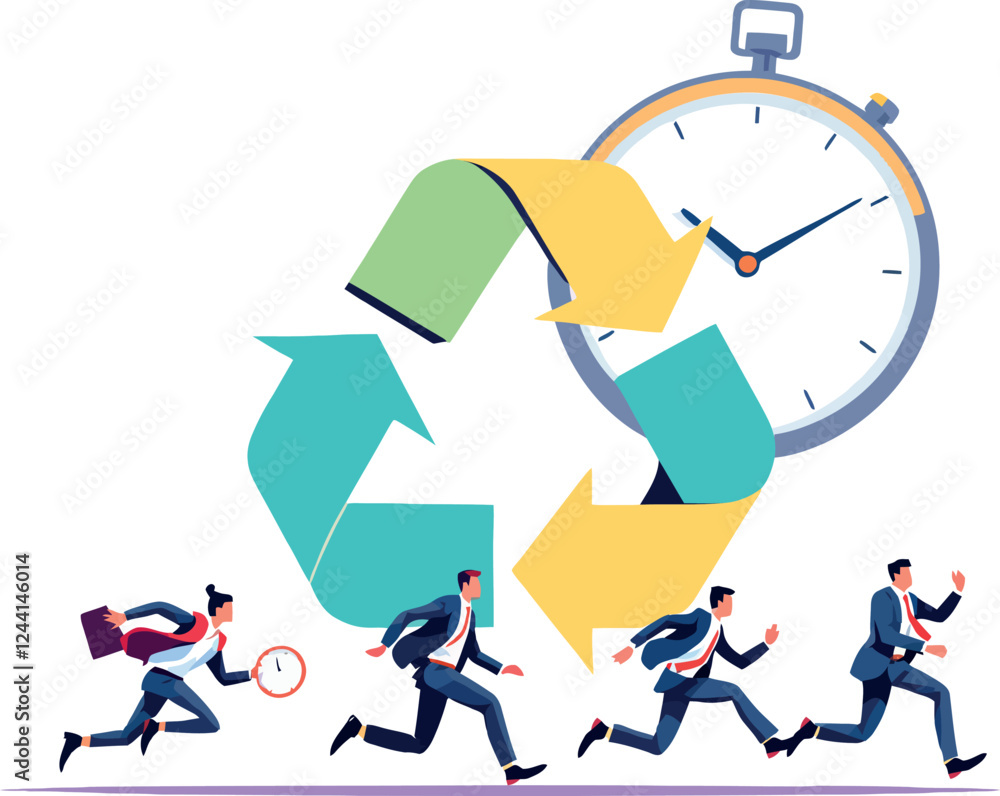 Fototapeta premium Vsai businesspeople running around recycling symbol and stopwatch, fast recycling process concept