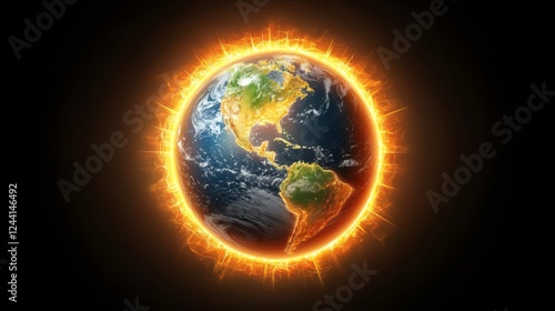 Fototapeta Naklejka Na Ścianę i Meble -  A fiery depiction of Earth surrounded by flames and light.