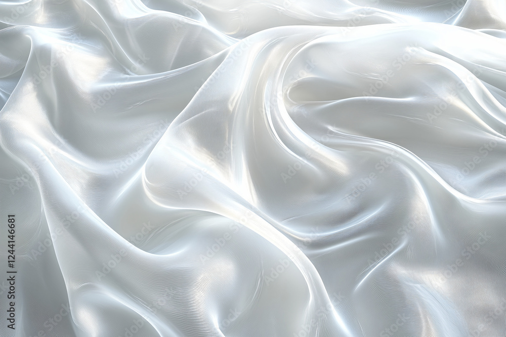 Fototapeta premium Silky White Drape: A luxurious white silk fabric forms elegant, flowing folds and creases, reflecting light beautifully. The soft.