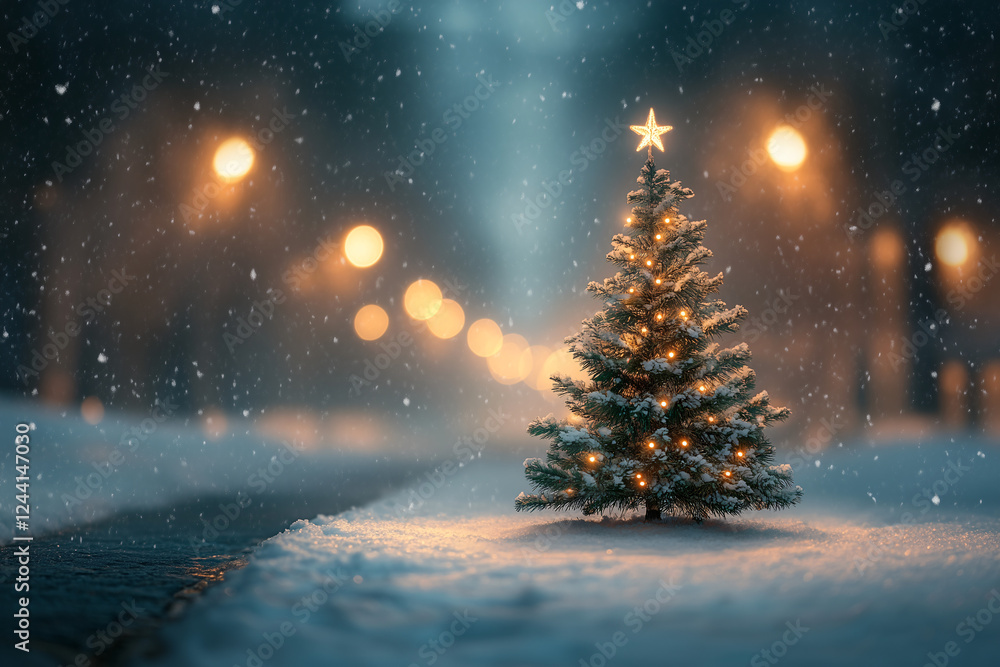 Solitary Christmas Tree on Snowy Street: A small, snow-dusted Christmas tree stands alone on a snow-covered street, softly illuminated by warm streetlights, creating a magical and serene winter scene. Solitary Christmas Tree on Snowy Street: A small, snow-dusted Christmas tree stands alone on a snow-covered street, softly illuminated by warm streetlights, creating a magical and serene winter scene.
