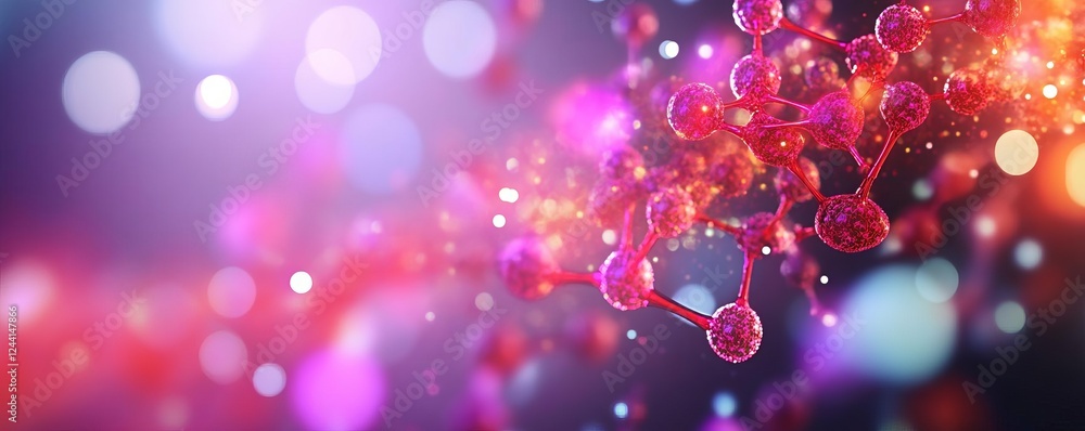 Protein interactions glowing fluorescent red and purple, abstract molecular composition Protein interactions glowing fluorescent red and purple, abstract molecular composition
