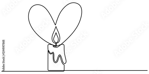 Burning fire candle with love continuous one line drawing, Continuous one line drawing candle burning flame. Black contour line simple minimalist graphic isolated vector illustration. Grief loss pro.