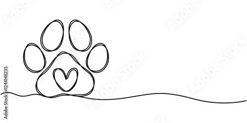 Heart with cat or dog paw in continuous one line drawing logo. Minimal line art. Animal foorprint in heart, Dog and cat paw hearts drawn in one continuous line. Dog paw prints in a heart frame.