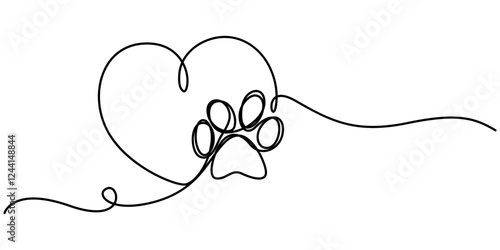 Heart with cat or dog paw in continuous one line drawing logo. Minimal line art. Animal foorprint in heart, Dog and cat paw hearts drawn in one continuous line. Dog paw prints in a heart frame.