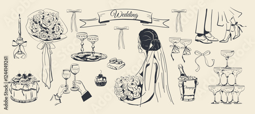 A hand drawn set for a wedding celebration. Champagne, the bride with a bouquet of roses, dessert, glasses, ribbons, bows, flowers, candles. Vector illustration for invitations, parties, menus, card