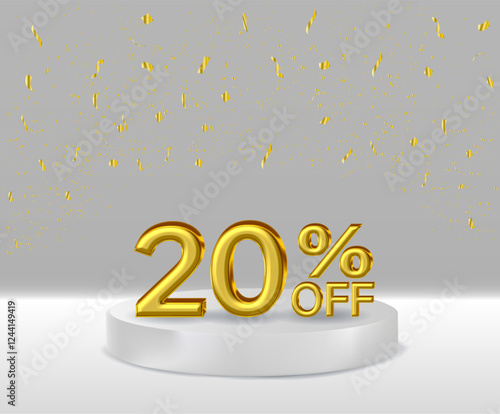 3D renders golden text 20% off podium with white background.