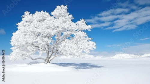 Snowy tree winter landscape, serene nature scene, postcard