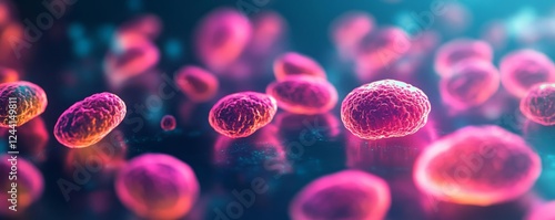Vibrant fluorescent cancer metastasis cells glowing under UV light, dark background, bio-research focus