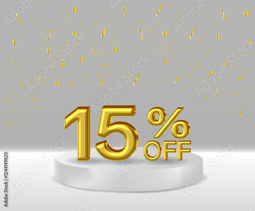 3D renders golden text 15% off podium with white background.