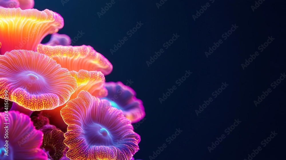 Vibrant glowing patterns of bioluminescent coral under UV light, detailed microscopy composition Vibrant glowing patterns of bioluminescent coral under UV light, detailed microscopy composition