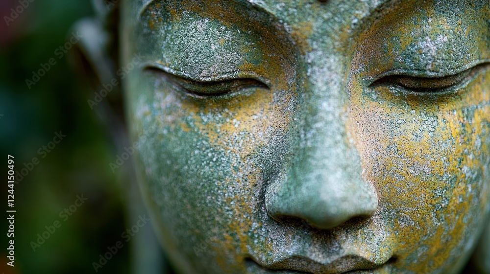 Peaceful Buddha statue face, serene expression, outdoor garden setting Peaceful Buddha statue face, serene expression, outdoor garden setting