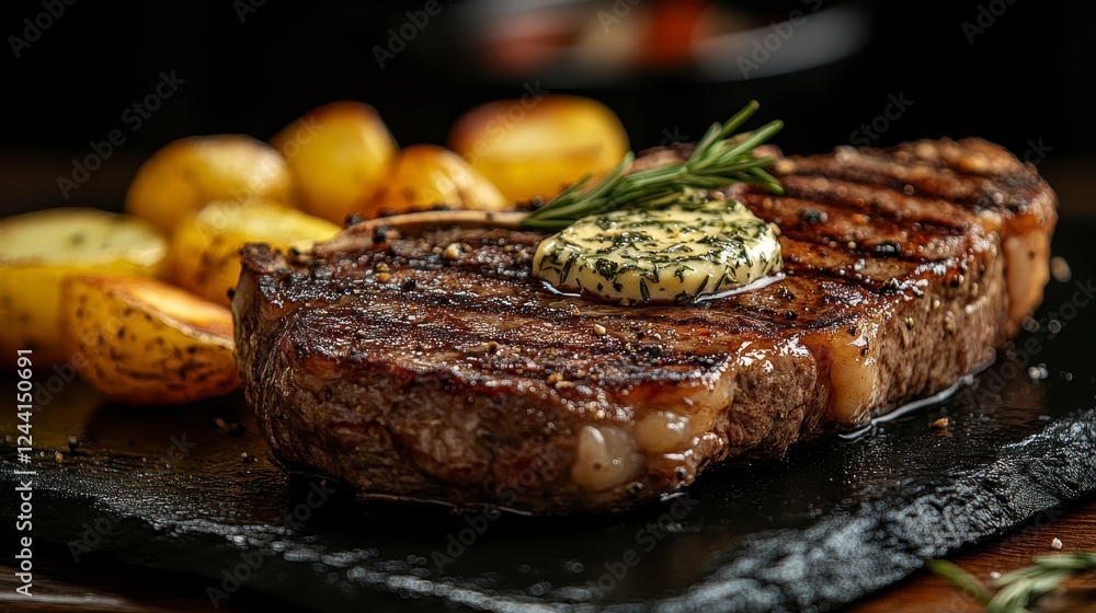 A succulent grilled steak served with roasted potatoes and herb butter on a dark slate plate, showcasing an appetizing meal. A succulent grilled steak served with roasted potatoes and herb butter on a dark slate plate, showcasing an appetizing meal.