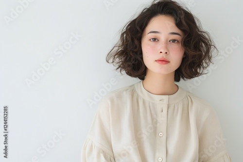 Asian woman with voluminous curly bob in cream blouse, minimalist studio portrait with confident expression perfect for fashion, editorial and lifestyle branding

