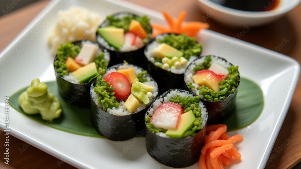 A vegan sushi plate featuring vegetable rolls with avocado, cucumber, and radish, served with low-sodium soy sauce, wasabi, and pickled ginger. A healthy, plant-based alternative to traditional sushi. A vegan sushi plate featuring vegetable rolls with avocado, cucumber, and radish, served with low-sodium soy sauce, wasabi, and pickled ginger. A healthy, plant-based alternative to traditional sushi.