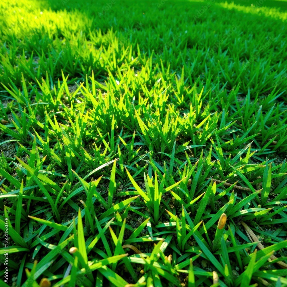 Obraz premium Deep green grass carpet, sunlight dappled shadows , detail, rural