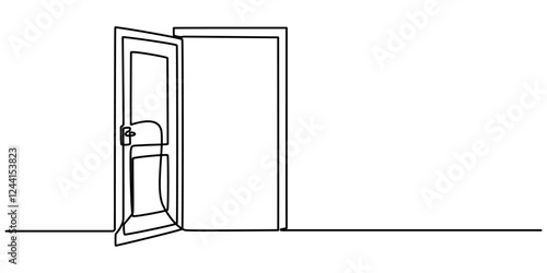 A modern line art depiction of an open door in one continuous line, Open door continuous one line drawing. Vector illustration, Door, Construction, House line icon, minimal concept style.