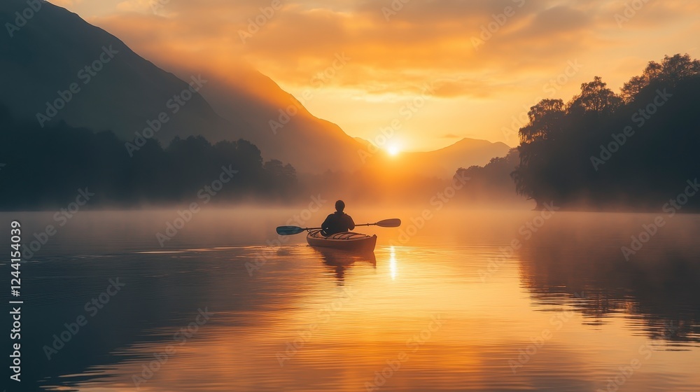 A serene sunset reflects on water as a lone kayaker glides through misty surroundings, creating a tranquil atmosphere. A serene sunset reflects on water as a lone kayaker glides through misty surroundings, creating a tranquil atmosphere.